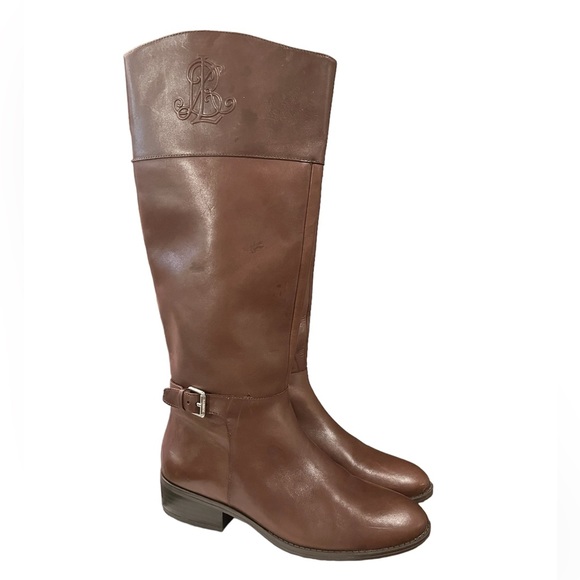 Lauren Ralph Lauren Madisen Leather Riding Boots Sz 7 Brown Embossed Monogram - Picture 1 of 14